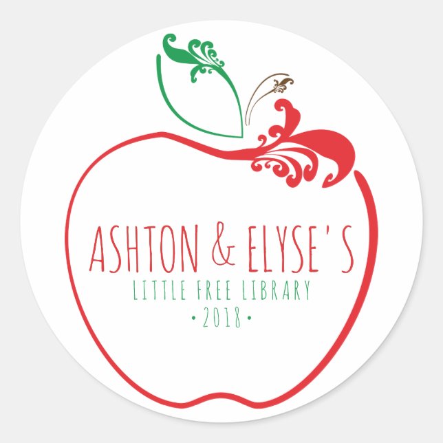 little free library flourish apple stamp classic round sticker (Front)