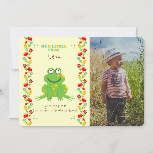 Little frog baby first birthday party photo invitation (Front)