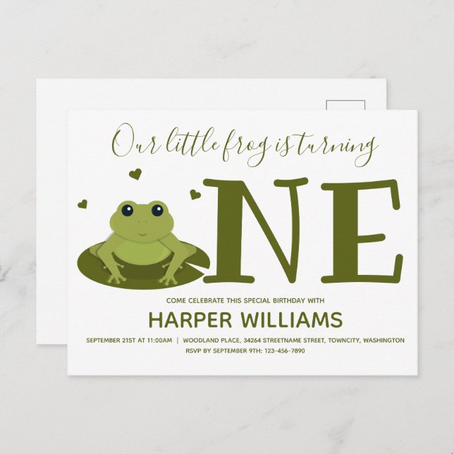 Little Frog Turning One Cute Animal First Birthday Invitation Postcard (Front/Back)
