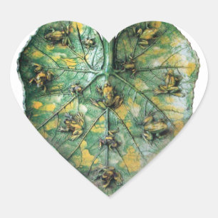LITTLE FROGS ON A GREEN LEAF HEART STICKER