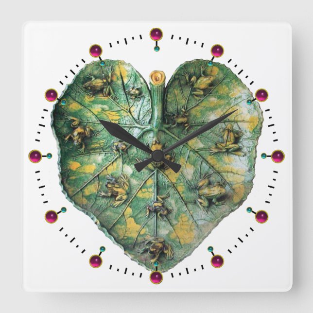 LITTLE FROGS ON A GREEN LEAF RED RUBY, White Square Wall Clock (Front)