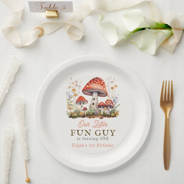 Little Fun Guy Mushroom Floral Boy Birthday Paper Plate (Wedding)