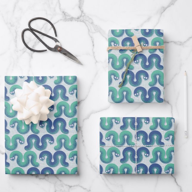Little funny snakes (Turquoise and Blue) Wrapping Paper Sheet (Front)