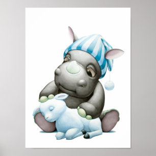 Little G the Baby Rhino and Lamb Nursery Print