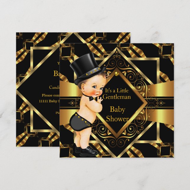 Little Gentleman Baby Shower Gold Black Brunette Invitation (Front/Back)