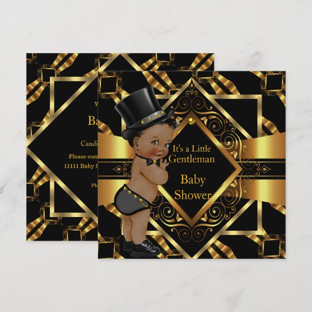 Little Gentleman Baby Shower Gold Black Ethnic Invitation (Front/Back)
