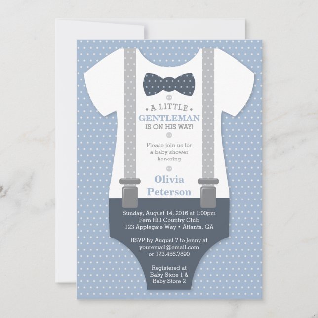 Little Gentleman Baby Shower Invite, Blue, Grey Invitation (Front)
