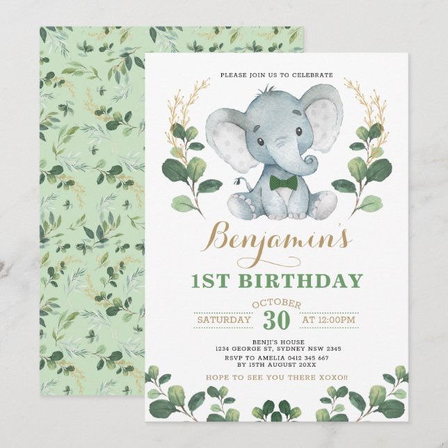 Little Gentleman Elephant Greenery Gold Birthday Invitation (Front/Back)