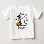 Little Ghost 1st Birthday Baby T-Shirt<br><div class="desc">This adorable design is perfect for baby's 1st birthday and Halloween featuring a happy little ghost,  funny bats and smiling Jack-O-Lantern. The little ghost has his arm around a big polka dotted number 1. Great for any 1st birthday in October. Customise it with your own personalised text. PinkInkArt original!</div>