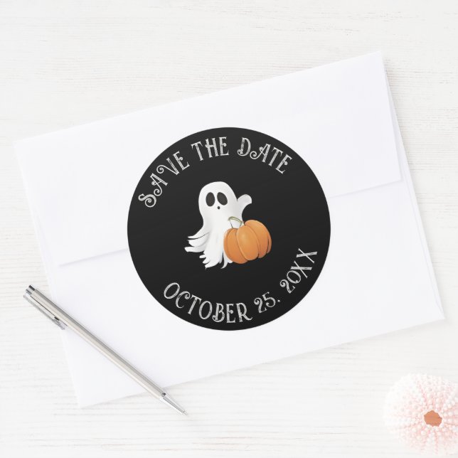 Little Ghost And Pumpkins Save The Date Classic Round Sticker (Envelope)