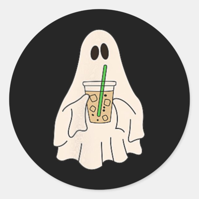 Little Ghost Drinking Iced Coffee Halloween Spooky Classic Round Sticker (Front)