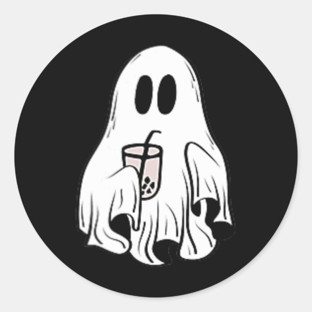 Little Ghost Ice Coffee Fun Happy Halloween  Classic Round Sticker (Front)