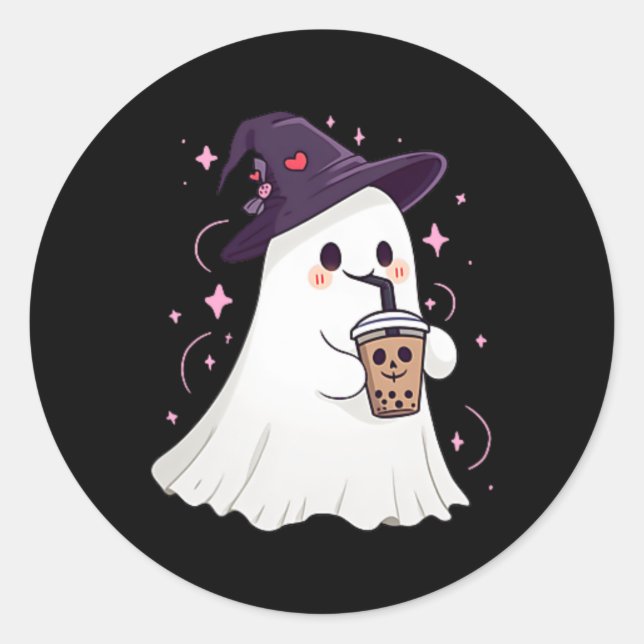 Little Ghost Ice Coffee Spooky Season Cute Ghost H Classic Round Sticker (Front)