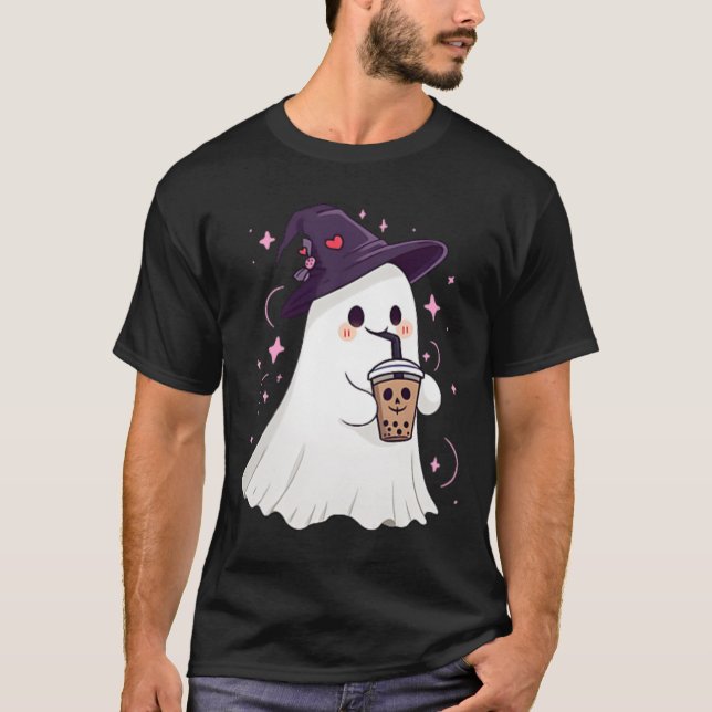 Little Ghost Ice Coffee Spooky Season Cute Ghost H T-Shirt (Front)