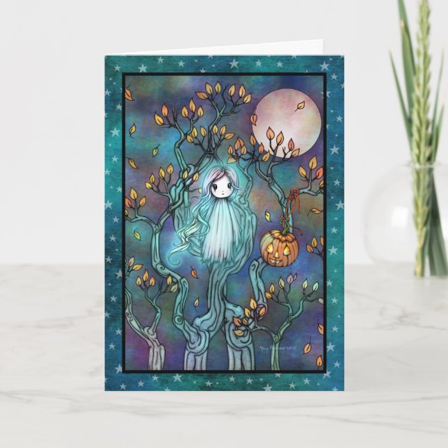 Little Ghost in the Trees Cute Halloween Art Card (Front)