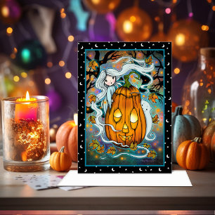 Little Ghost with Giant Pumpkin Cute Art Card