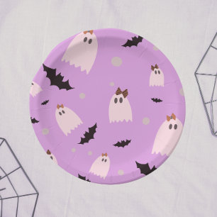 Little ghosts with bows purple Halloween Paper Plate