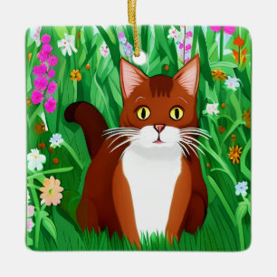 Little Ginger Brown Kitty in a Field of Flowers Ceramic Ornament