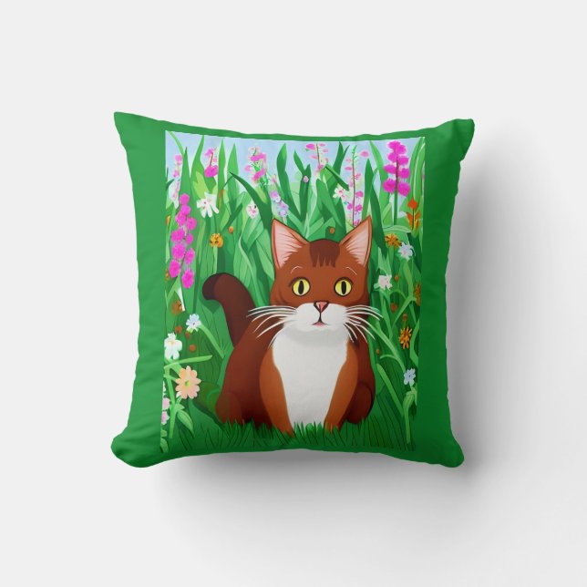 Little Ginger Brown Kitty in a Field of Flowers Cushion (Front)