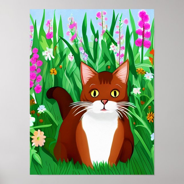 Little Ginger Brown Kitty in a Field of Flowers Poster (Front)