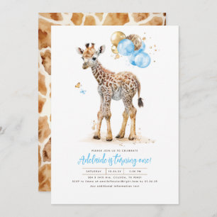 Little Giraffe Blue and Brown Boho Birthday Invitation