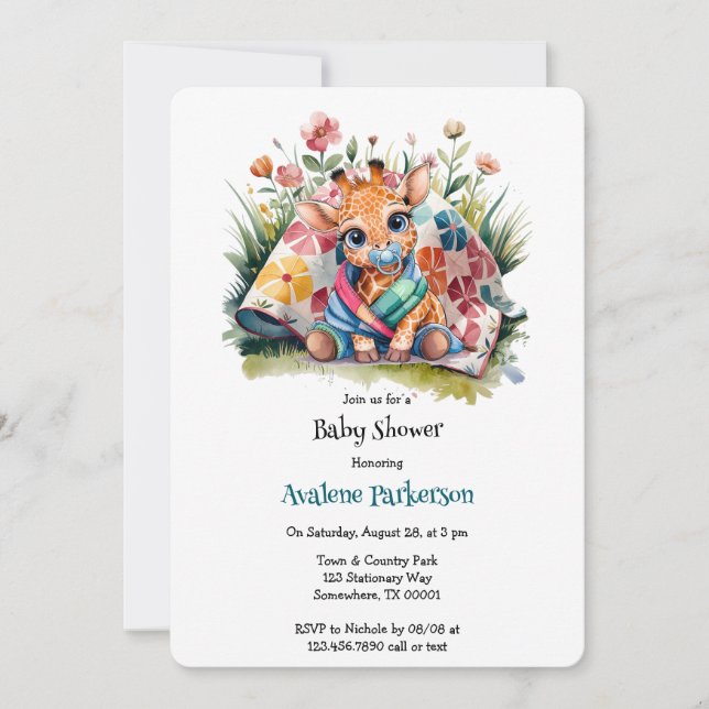 Little Giraffe Pacifier and Blanket Baby Shower Invitation (Front)
