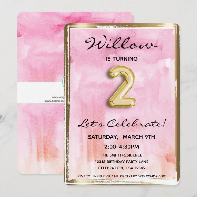 Little Girl 2nd Birthday Pink and Gold Invitation (Front/Back)