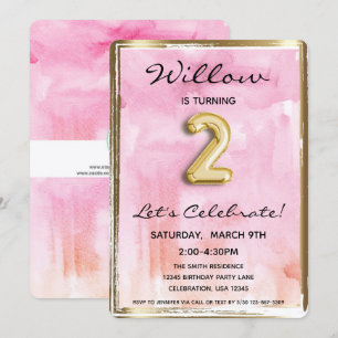Little Girl 2nd Birthday Pink and Gold Invitation