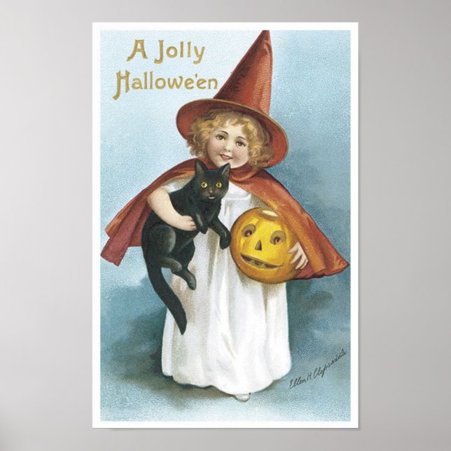 Little Girl and Black Cat Jolly Halloween Poster (Front)