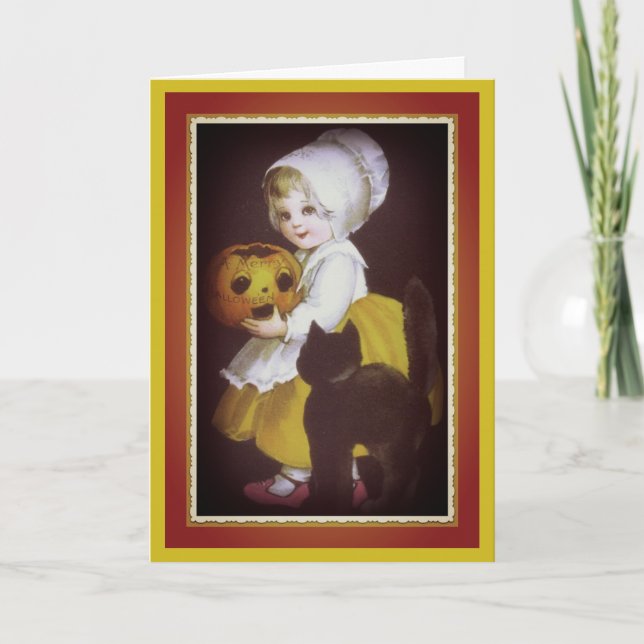Little Girl and Black Cat Vintage Halloween Card (Front)