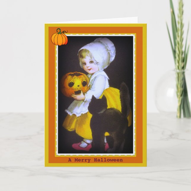 Little Girl and Black Cat Vintage Halloween Card (Front)