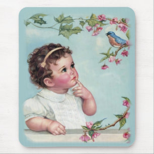 Little Girl and Blue Bird Mouse Mat