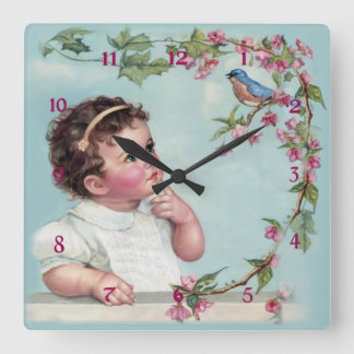 Little Girl and Blue Bird Square Wall Clock