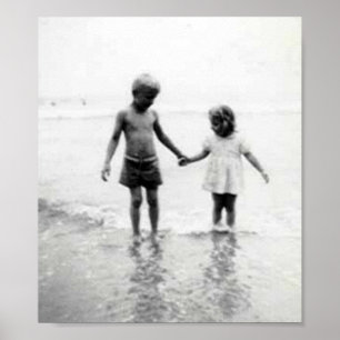 Little girl and boy holding hands small poster