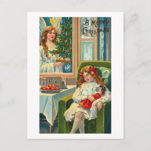 Little Girl and Doll, Angel In Window Postcard