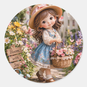 Little girl and her flower garden classic round sticker