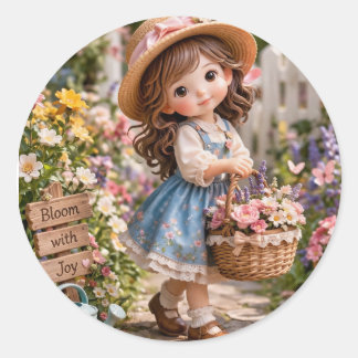 Little girl and her flower garden classic round sticker