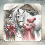 Little Girl and her Horse Festive Christmas Square Sticker<br><div class="desc">Christmas stickers. Ai watercolor illustration of a scene on a rustic farm with a sweet little girl bundled up in a pink winter coat taking care of her pretty white horse on a snowy Christmas day.</div>