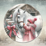 Little Girl and her Horse Rustic Christmas Classic Round Sticker<br><div class="desc">Christmas stickers. Ai watercolor illustration of a scene on a rustic farm with a sweet little girl bundled up in a pink winter coat taking care of her pretty white horse on a snowy Christmas day.</div>