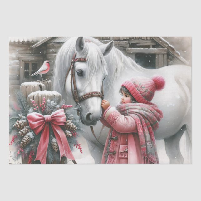 Little Girl and her Horse Rustic Christmas Tissue Paper (Front)