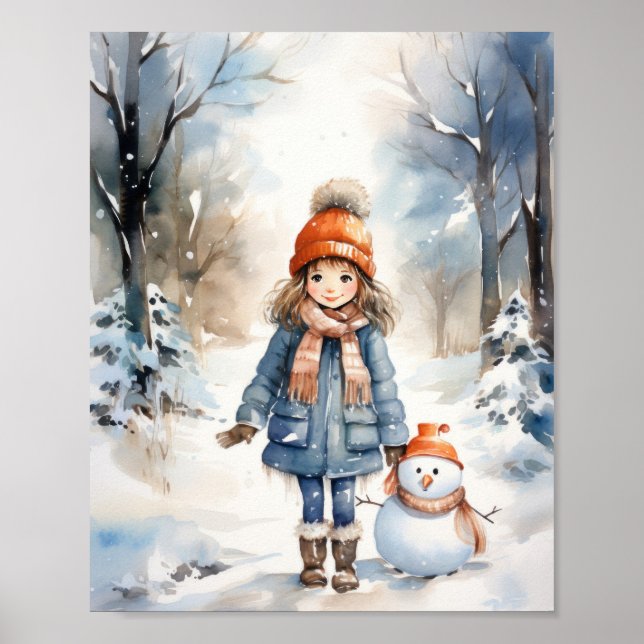 Little Girl and Her Snowman Poster (Front)