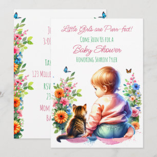 Little Girl and Kitten   Watercolor Baby Shower Invitation