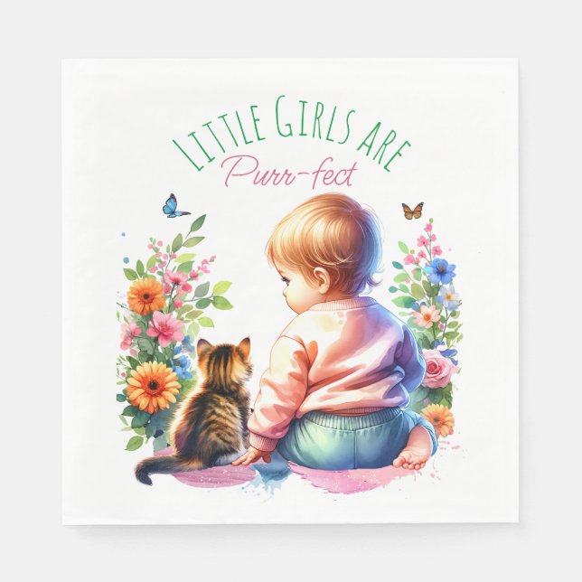 Little Girl and Kitten | Watercolor Baby Shower Napkin (Front)