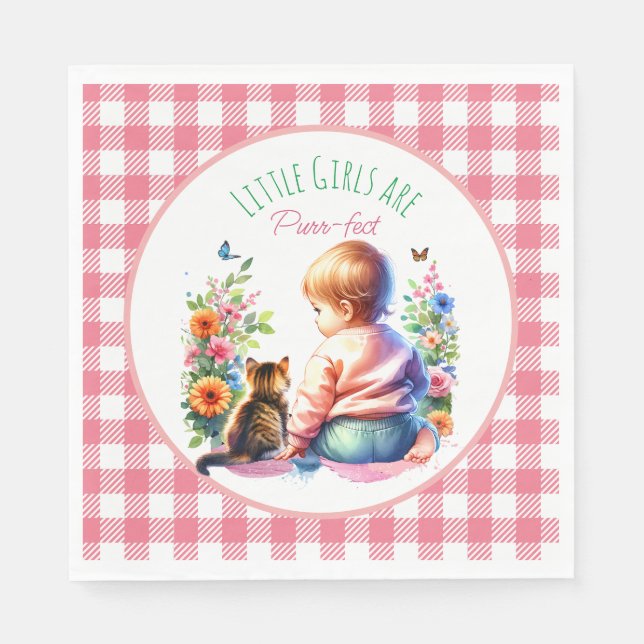 Little Girl and Kitten | Watercolor Baby Shower Napkin (Front)