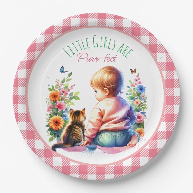 Little Girl and Kitten | Watercolor Baby Shower Paper Plate (Front)