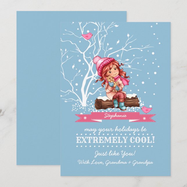Little Girl and Kitty | Custom Name Christmas  Holiday Card (Front/Back)