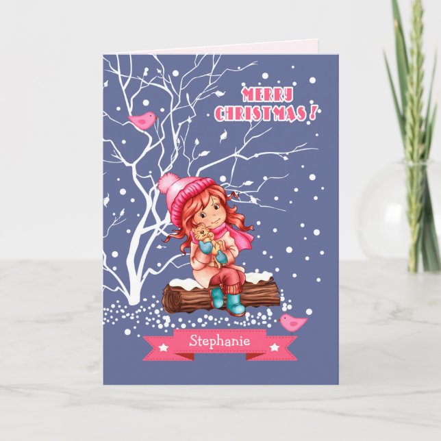 Little Girl and Kitty | Custom Name Christmas Holiday Card (Front)