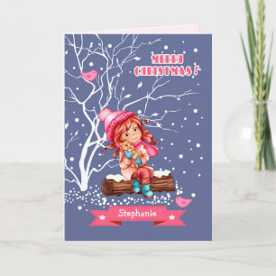 Little Girl and Kitty   Custom Name Christmas Holiday Card