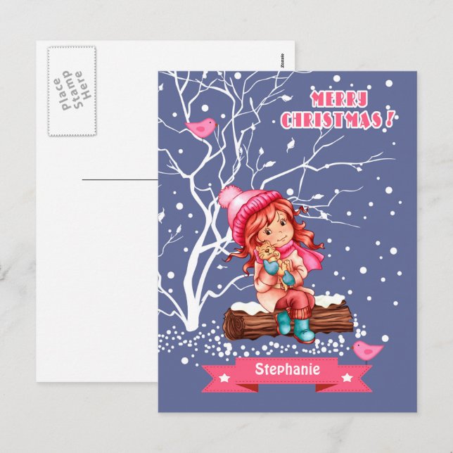 Little Girl and Kitty | Custom Name Christmas  Holiday Postcard (Front/Back)