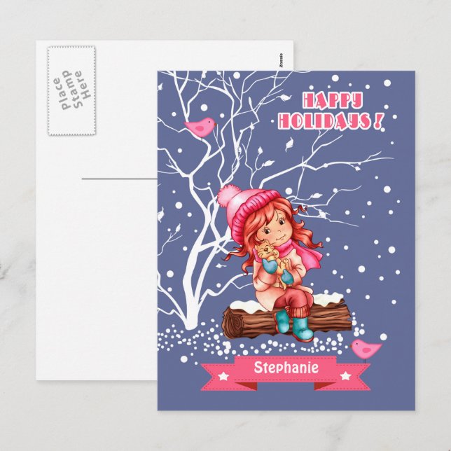Little Girl and Kitty | Custom Name Christmas  Holiday Postcard (Front/Back)